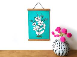 Handmade Teal Floral Fabric Wall Hanging With Magnetic Wood Hangers