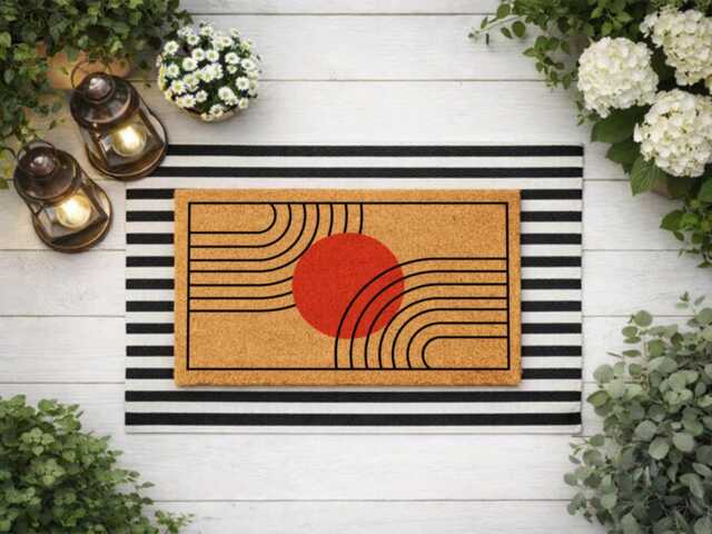 Red Sun Doormat - Curved Line Porch Rug Modern Coir Welcome Mat - image 1