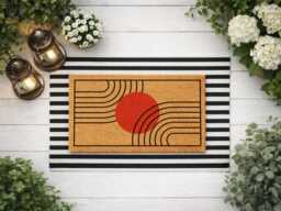 Red Sun Doormat - Curved Line Porch Rug Modern Coir Welcome Mat