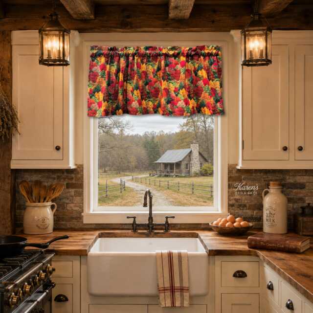 Fall Forest Valance Autumn Trees Print Crimson Gold Orange Woodland Curtain Window Treatment Cabin Lodge Nature Decor - image 1