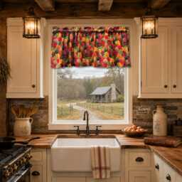 Fall Forest Valance Autumn Trees Print Crimson Gold Orange Woodland Curtain Window Treatment Cabin Lodge Nature Decor - thumbnail 1