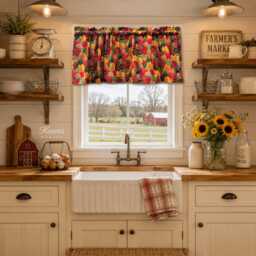 Fall Forest Valance Autumn Trees Print Crimson Gold Orange Woodland Curtain Window Treatment Cabin Lodge Nature Decor - thumbnail 3