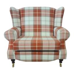 Queen Anne Wingback Chair Extra Wide Orange Tartan Fireside Armchair - thumbnail 2