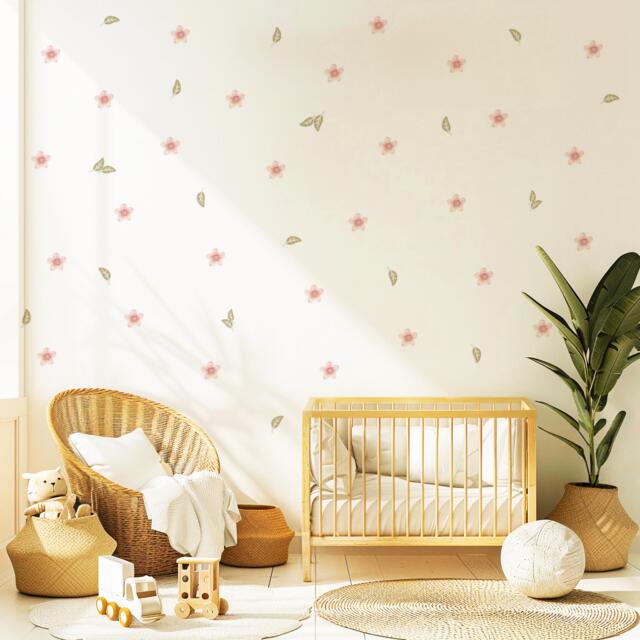 Pink Floral Wall Stickers For Girls Bedroom, Boho Nursery Decals, Flower & Leaf Decor, Neutral Stickers, Kids Room Decor - image 1