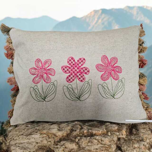 Flowers Embroidered Linen Cushion Natural, Handmade Zipped 40x50cms Tassel Trim C/W Feather Inner Pad Susie Watson Fabric Country Home Decor - image 1