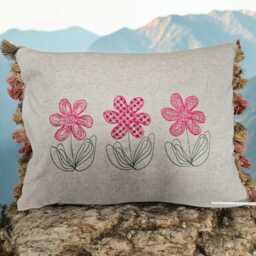 Flowers Embroidered Linen Cushion Natural, Handmade Zipped 40x50cms Tassel Trim C/W Feather Inner Pad Susie Watson Fabric Country Home Decor - thumbnail 1