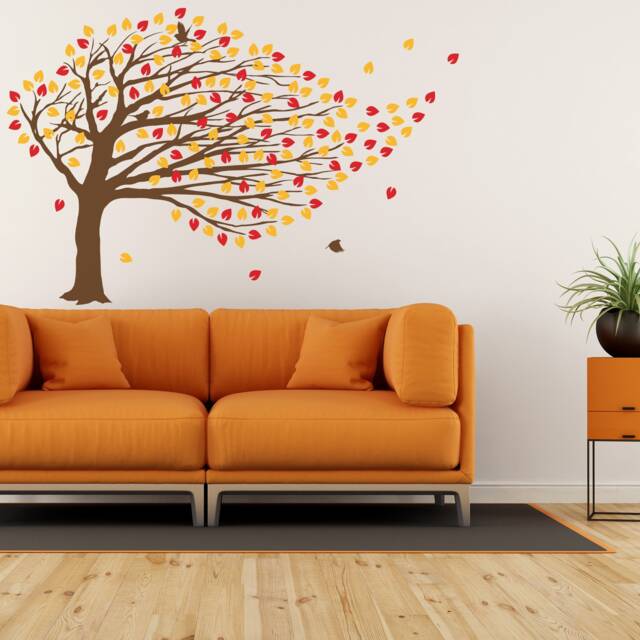 Windy Tree Wall Decal Vinyl Sticker - Nursery Art Decor Blossom Large Green Decals Blowing Autumn Bending Swaying Baby Blown Stickers - image 1