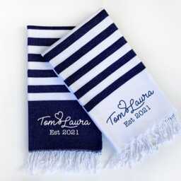 Cotton Beach Towel & Carrier Strap, Personalised Wedding Gift, Gift Set For Couple, 2nd Anniversary Him Her, Birthday - thumbnail 3