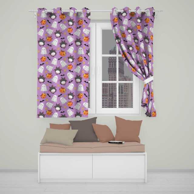Kawaii Halloween Ghost Bat Candy Pumpkin Seamless Pattern Purple Background Readymade Eyelet Ring Top Thermal 100% Blackout Curtains - image 1