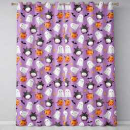 Kawaii Halloween Ghost Bat Candy Pumpkin Seamless Pattern Purple Background Readymade Eyelet Ring Top Thermal 100% Blackout Curtains - thumbnail 2