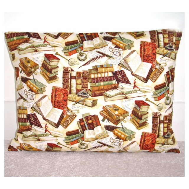 "Books Pillow Cover Oblong Bolster 12x16 Sham Brown Glasses Quill Study 16""x12"