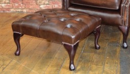 Traditional Chesterfield Queen Anne Footstool 100% Antique Brown Leather - thumbnail 2