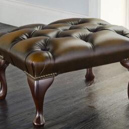 Traditional Chesterfield Queen Anne Footstool 100% Antique Brown Leather - thumbnail 3