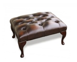 Traditional Chesterfield Queen Anne Footstool 100% Antique Brown Leather