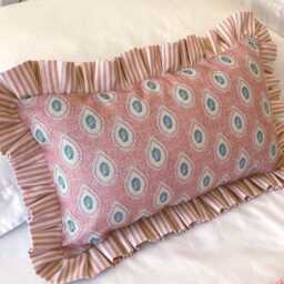 Pink Paisley Lumbar Cushion Cover With Ruffled Edge, Handmade Bolster Cushion, Farmhouse Decor - thumbnail 4