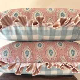Pink Paisley Lumbar Cushion Cover With Ruffled Edge, Handmade Bolster Cushion, Farmhouse Decor - thumbnail 2