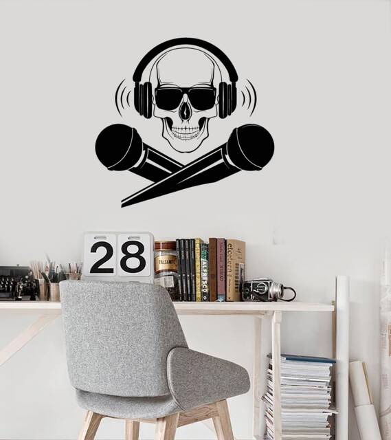 Vinyl Wall Decal Skull Headphones Microphones Music Musical Room Decor Stickers Mural - #3108Di - image 1