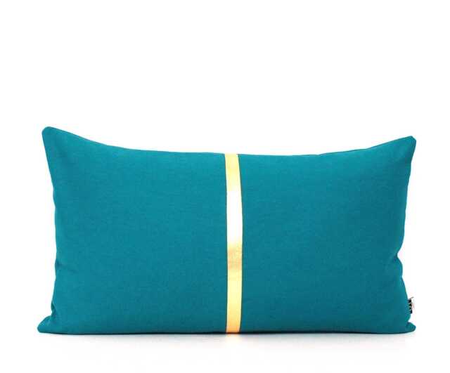 Dark Teal & Metallic Gold Pillow Colorblock Covers - Stripe in Shiny Gold, Silver Or Copper - image 1