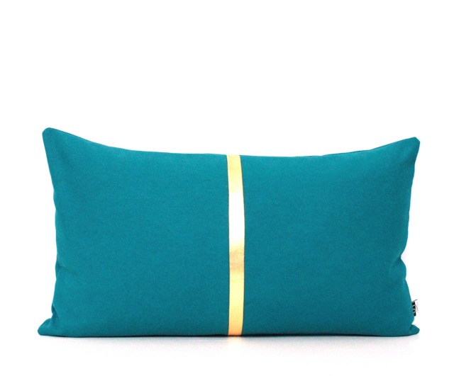 Dark Teal & Metallic Gold Pillow Colorblock Covers - Stripe in Shiny Gold, Silver Or Copper - image 1