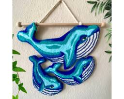 Hand-Tufted Whale Wall Hanging, Needle Punch, Blue Mom & Child Whale, Decoration, Hand Tufted Rug - thumbnail 1