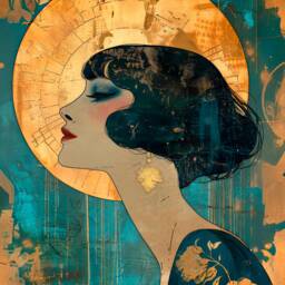 Framed Dressing Room Art Nouveau Style Vintage Powder Wall Art, Large Deco Teal Gold Retro Lovers Gift, Living Decor - thumbnail 1