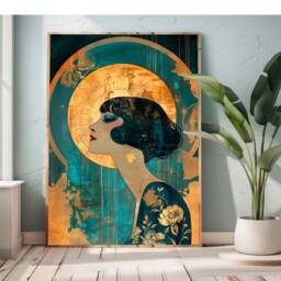 Framed Dressing Room Art Nouveau Style Vintage Powder Wall Art, Large Deco Teal Gold Retro Lovers Gift, Living Decor