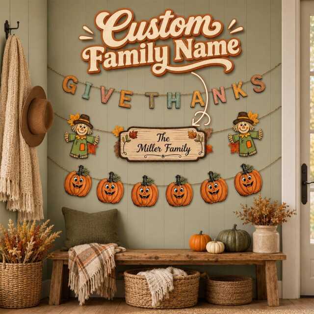 Personalized Thanksgiving Decor - Custom Family Name Fall Wall Hanging Thankful Pumpkin Garland Home Decoration Autumn - image 1