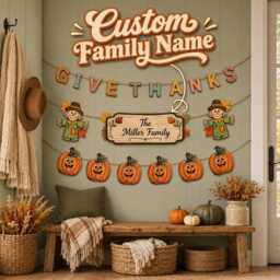 Personalized Thanksgiving Decor - Custom Family Name Fall Wall Hanging Thankful Pumpkin Garland Home Decoration Autumn - thumbnail 1