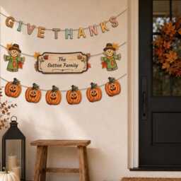 Personalized Thanksgiving Decor - Custom Family Name Fall Wall Hanging Thankful Pumpkin Garland Home Decoration Autumn - thumbnail 4