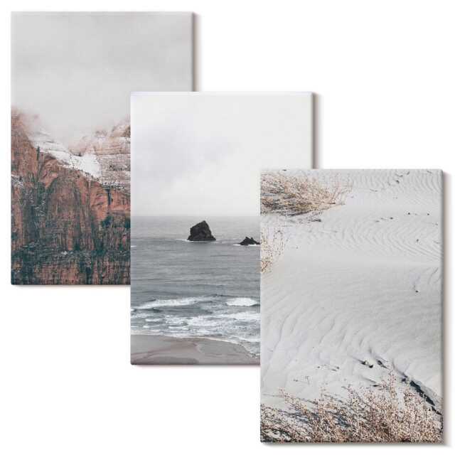 Canvas Wall Art Set Of 3 - Mountains, Clouds, Sea & Sand in Natural Shades, Gray Photo Print, Landscapes Decor - image 1