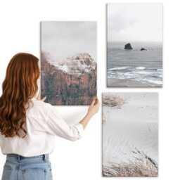 Canvas Wall Art Set Of 3 - Mountains, Clouds, Sea & Sand in Natural Shades, Gray Photo Print, Landscapes Decor - thumbnail 2