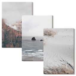 Canvas Wall Art Set Of 3 - Mountains, Clouds, Sea & Sand in Natural Shades, Gray Photo Print, Landscapes Decor - thumbnail 1
