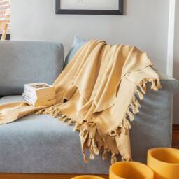 55''83'' Mustard Stonewashed Turkish Cotton Throw Blanket, Blanket Couch, Couch Cover, Bed Spread, Porch Cozy - thumbnail 3