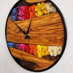 Handmade Moss & Olive Wood Wall Clock Engraved Boho Decor - thumbnail 2