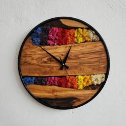 Handmade Moss & Olive Wood Wall Clock Engraved Boho Decor - thumbnail 1
