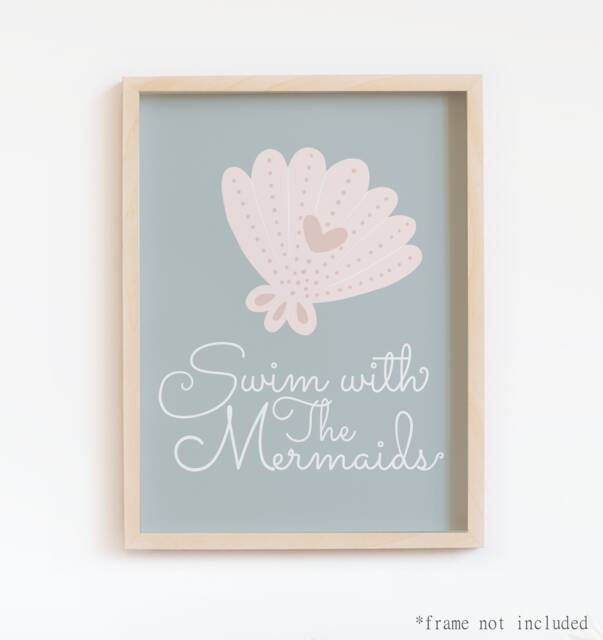 Mermaid Print, Swim With The Mermaids, Girl Nursery Quote Pastel Decor, Scandi Nursery, Playroom Prints, Kids Wall Art - image 1