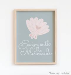 Mermaid Print, Swim With The Mermaids, Girl Nursery Quote Pastel Decor, Scandi Nursery, Playroom Prints, Kids Wall Art - thumbnail 1
