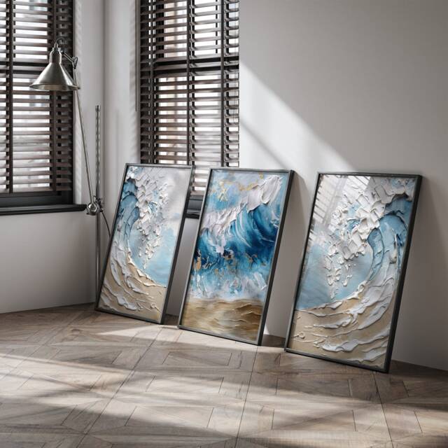 Beige & Blue Beach Ocean Waves Wall Art Prints - Abstract Wabi Sabi Ar - image 1