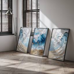 Beige & Blue Beach Ocean Waves Wall Art Prints - Abstract Wabi Sabi Ar - thumbnail 1