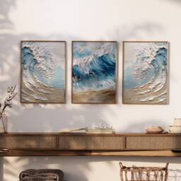 Beige & Blue Beach Ocean Waves Wall Art Prints - Abstract Wabi Sabi Ar - thumbnail 2