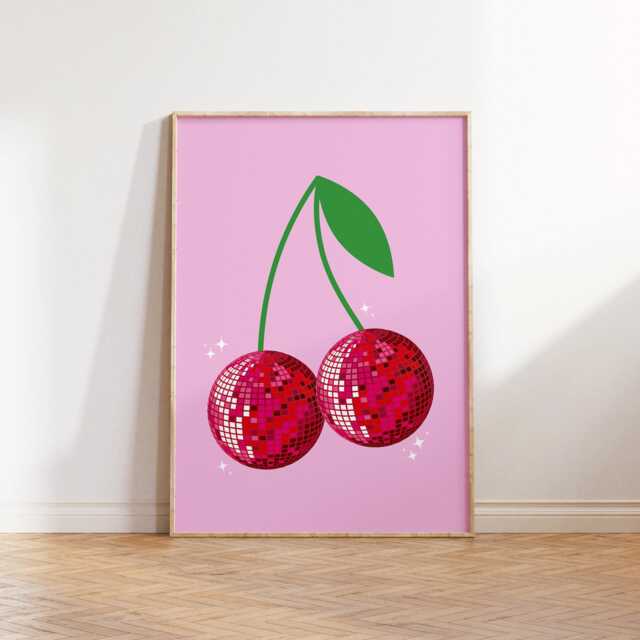 Cherry Disco Ball Print, Trendy Retro Wall Art, Print Pink, Gallery Cute Kitchen Home Decor Poster 2435 - image 1