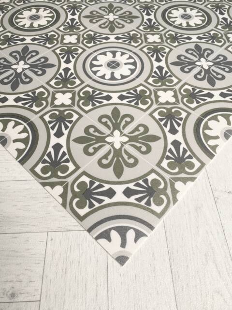 Green Vinyl Floor Mat, Moroccan Tile Effect Runner Rug, Patterned Kitchen Lino Carpet - image 1