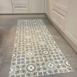 Green Vinyl Floor Mat, Moroccan Tile Effect Runner Rug, Patterned Kitchen Lino Carpet - thumbnail 4
