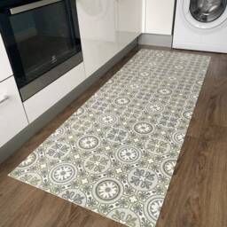 Green Vinyl Floor Mat, Moroccan Tile Effect Runner Rug, Patterned Kitchen Lino Carpet - thumbnail 3
