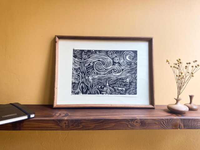 Handmade Linocut Print Wooden Frame, Wall Art Decor Table, Bohemian Style Decor, Vincent Van Gogh, Unique Piece, , Wallhanging Art - image 1