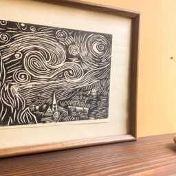 Handmade Linocut Print Wooden Frame, Wall Art Decor Table, Bohemian Style Decor, Vincent Van Gogh, Unique Piece, , Wallhanging Art - thumbnail 3