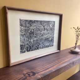Handmade Linocut Print Wooden Frame, Wall Art Decor Table, Bohemian Style Decor, Vincent Van Gogh, Unique Piece, , Wallhanging Art - thumbnail 2