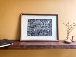 Handmade Linocut Print Wooden Frame, Wall Art Decor Table, Bohemian Style Decor, Vincent Van Gogh, Unique Piece, , Wallhanging Art - thumbnail 1
