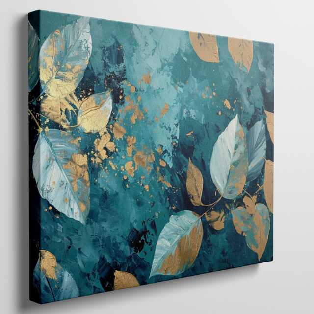 Teal & Gold Botanical Canvas Art, Abstract Metallic Leaf Print, Large Wall Decor, Modern Art For Living Room, Bedroom - image 1