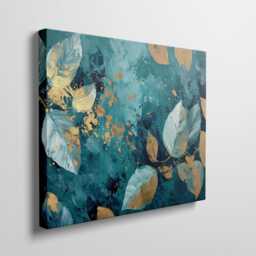 Teal & Gold Botanical Canvas Art, Abstract Metallic Leaf Print, Large Wall Decor, Modern Art For Living Room, Bedroom - thumbnail 3
